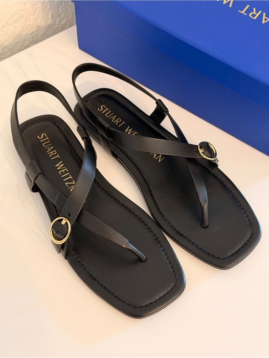 Stuart Weitzman Shoes - Stuart Weitzman Benni Black Leather Flat Thong Slingback Sandals w Gold Buckles